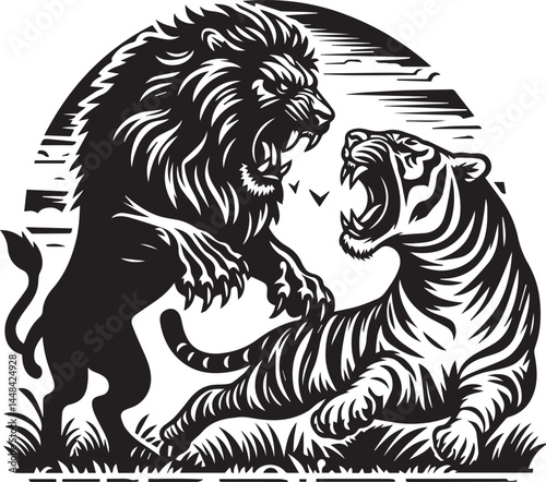 Powerful Tiger and Lion Clash in a Dramatic Black and White Graphic Design. A dramatic black and white graphic illustration of a tiger and a lion engaged in a fierce confrontation.