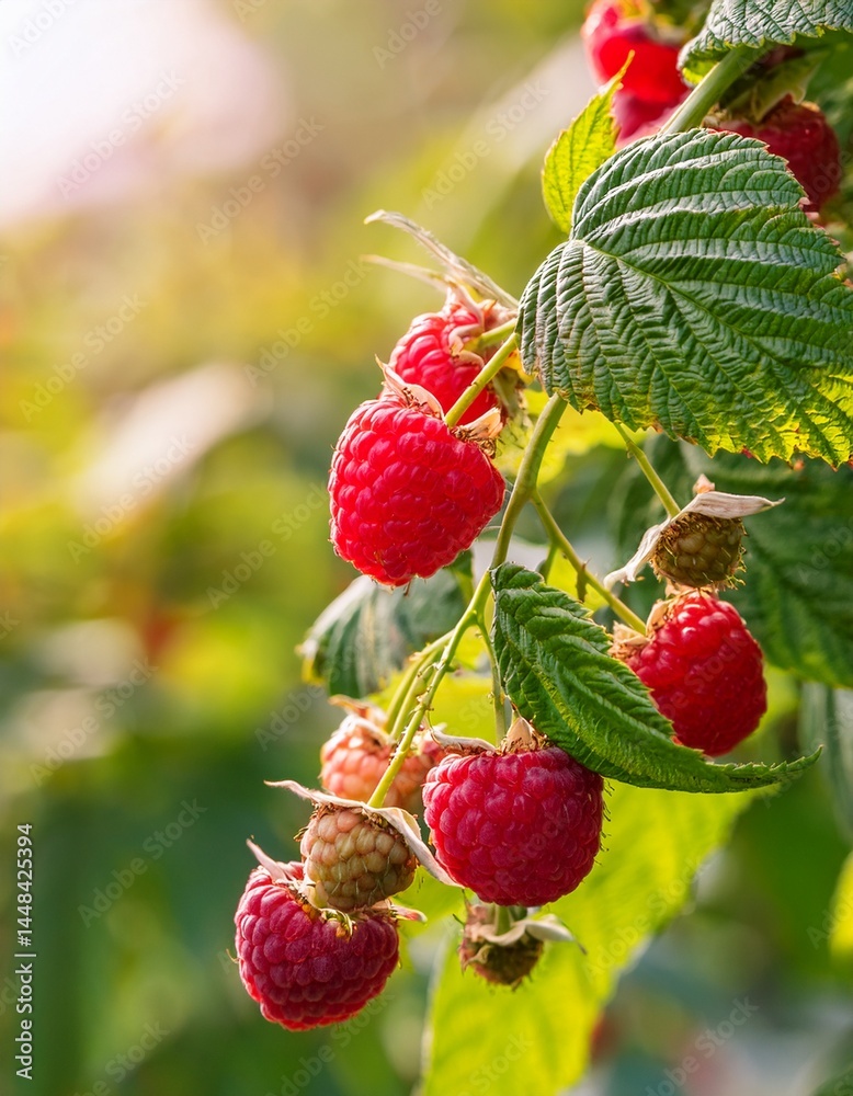 Fresh raspberries ripening on the vine in a sunny garden during the summer season, with a warm sunlight highlighting the vibrant red color of the berries. Fresh raspberries ripening on the vine in a sunny garden during the summer season, with a warm sunlight highlighting the vibrant red color of the berries.