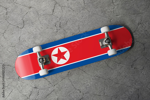 Skateboard with the flag of North Korea 3D Rendering