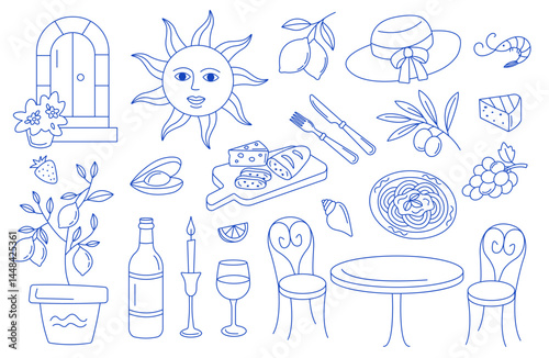 Italian summer line art collection. La dolce vita essentials. Vector set of mediterranean vibes in blue.  Hand-drawn elements of food, wine, travel and lifestyle isolated.