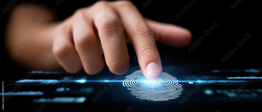 Fingerprint scanner technology with human finger pressing on digital biometric security interface Fingerprint scanner technology with human finger pressing on digital biometric security interface