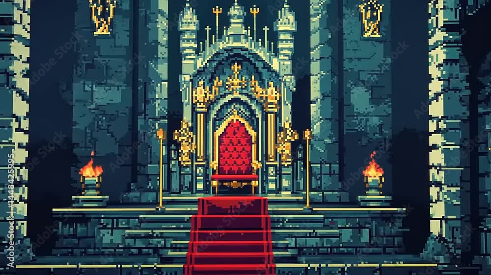 Majestic pixel art throne room with ornate decorations, red carpet, and flickering torches illuminating the stone walls