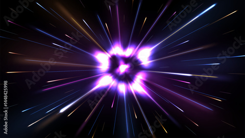 Violet Rays Zoom in Motion Effect, Speed Light Color Trails, Vector Illustration