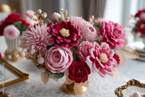 A charming Mother's Day table decor, with vibrant pink and red flowers, golden frame details, and delicate lace surrounding a warm and loving celebration atmosphere.