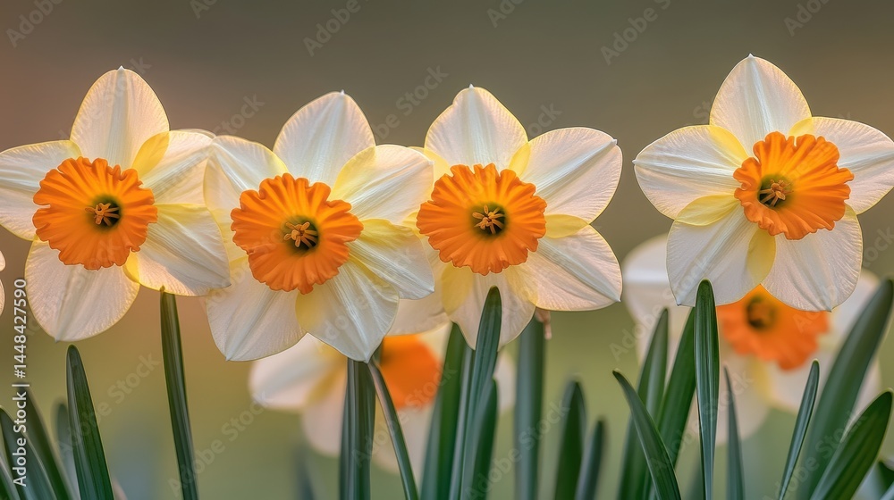 Fototapeta premium Radiant double daffodils bloom with vibrant orange centers and delicate white petals, creating a cheerful spring display