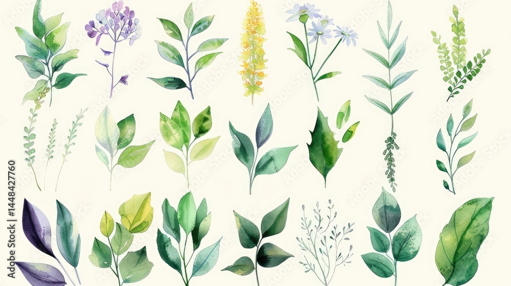 custom made wallpaper toronto digitalWatercolor botany picture of natural leaf and flora arranged as set. Group of vividness flower and herbal or tree leaves express beautiful element of nature perfect for study biology knowledge. AIG53.