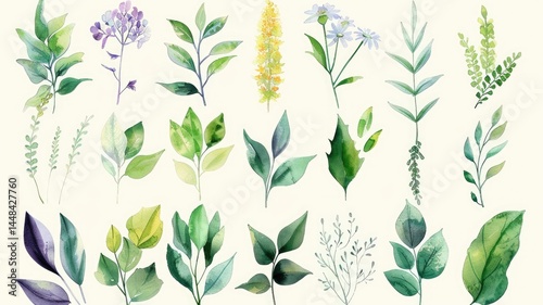 Wallpaper Mural Watercolor botany picture of natural leaf and flora arranged as set. Group of vividness flower and herbal or tree leaves express beautiful element of nature perfect for study biology knowledge. AIG53. Torontodigital.ca