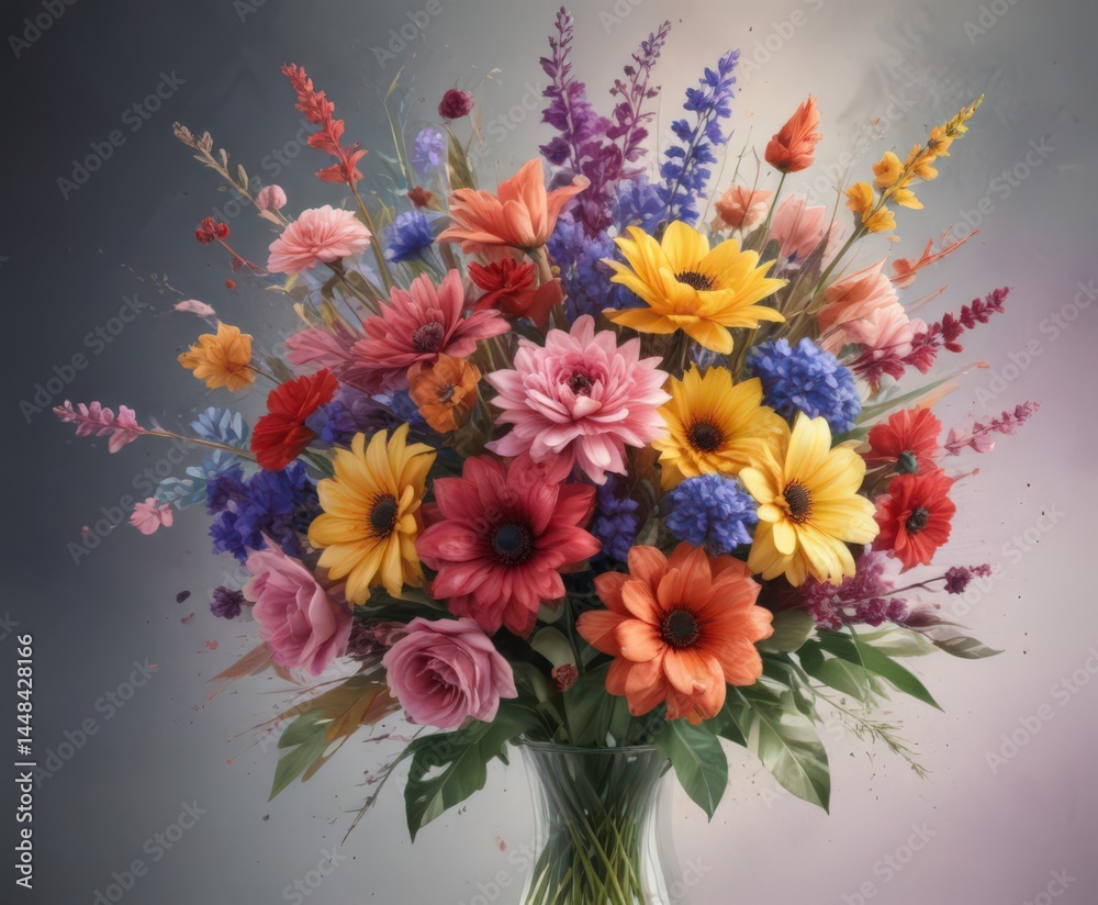 Fototapeta premium Exploding watercolor flower bouquet, rich color palette, artwork, elegance