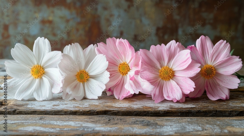 Obraz premium Delicate cosmos blossoms in soft pinks and whites.