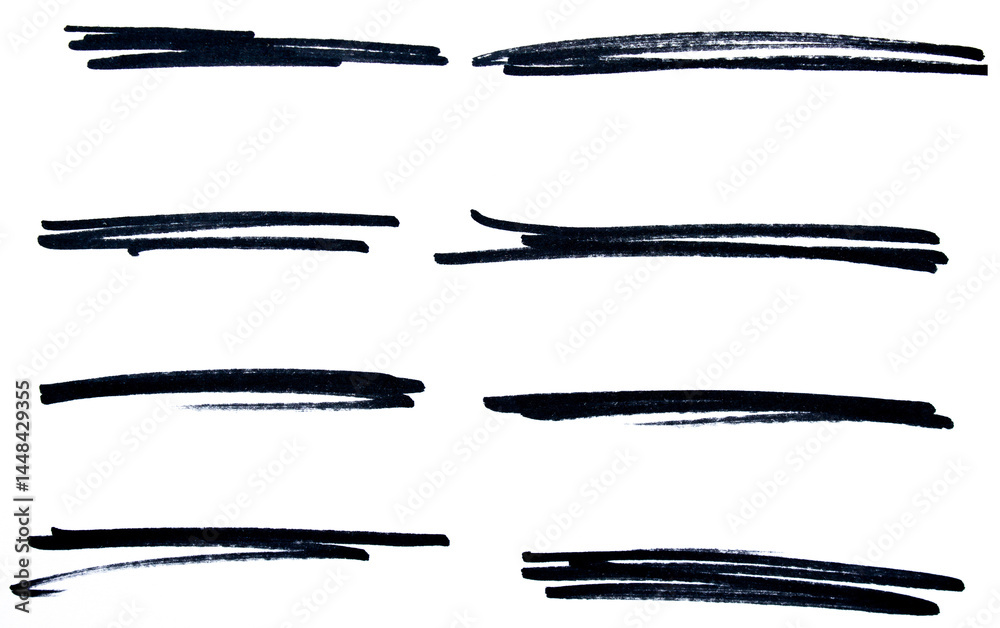 Set of black hand drawn marker pen stroke line transparent background design element doodle scribble underline