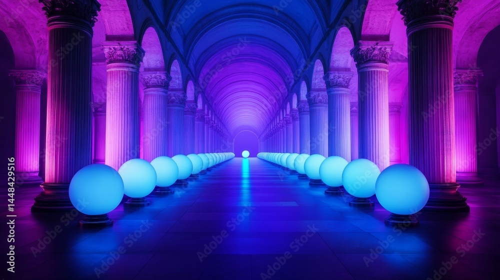Fototapeta premium Illuminated Columns and Glowing Spheres - A long hallway with columns lit in vibrant pink and blue, featuring a line of glowing spheres leading to the end