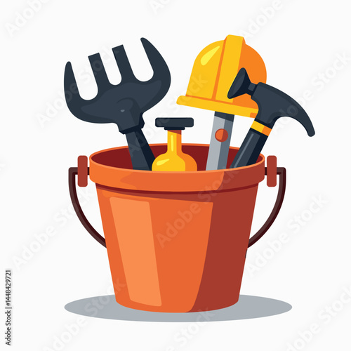 toolkit in orange bucket with shovel, wrench, hammer, screwdriver, paintbrush, and chemicals