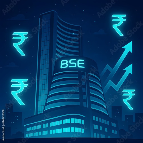 Glowing BSE Stock Exchange Building at Night with Rupee Symbols and Rising Market Arrows - Fintech and Indian Economy Concept Illustration
