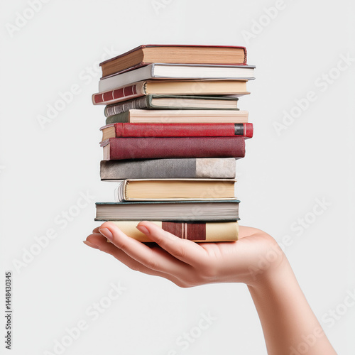 Human hands holding stack of small books education and knowledge symbol isolated on white background