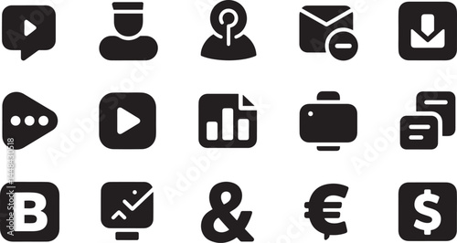 Business and finance icons are simple, clean and uniform in style, with a black design and transparent background