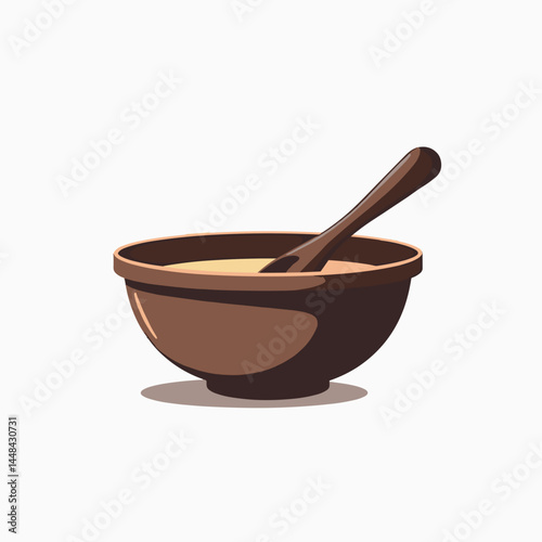 wooden bowl with spoon  brown cooking utensils on white background