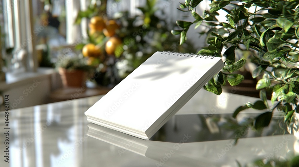 Modern cordless phone on desk with greenery background Modern cordless phone on desk with greenery background