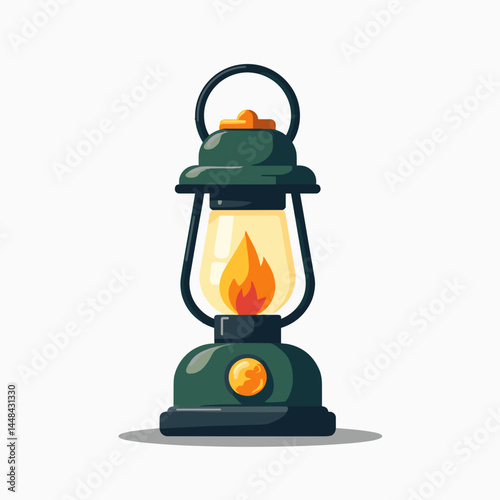 vintage lantern illustration with flame, green base, yellow light  stock image