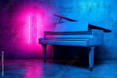 Neon Lights Vintage Piano - A vintage grand piano bathed in neon pink and blue light, symbolizing music, nostalgia, mystery, artistry, and modern contrast