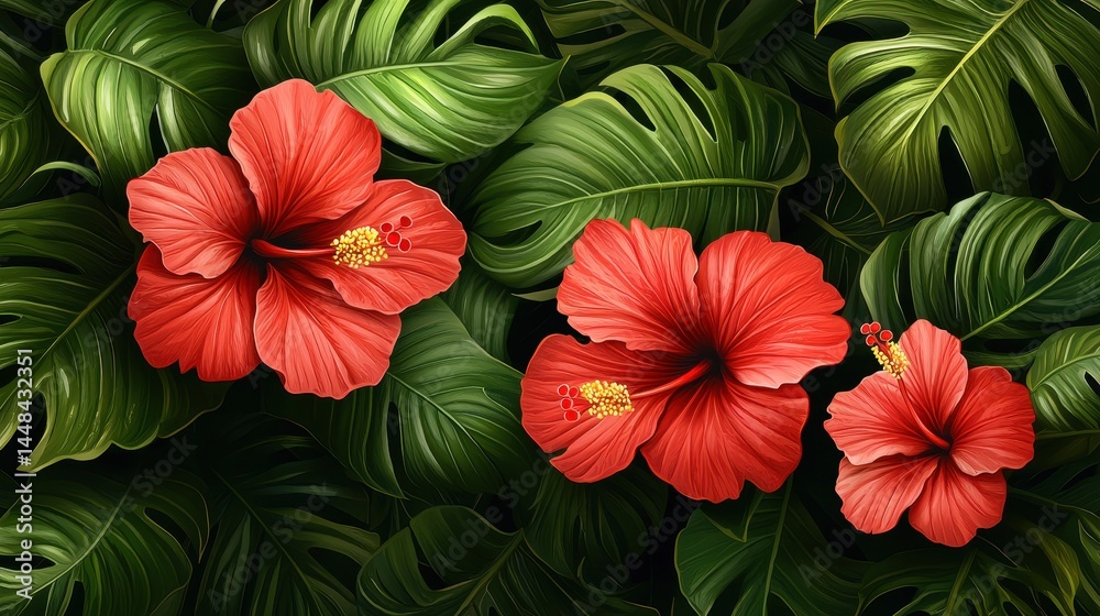 Vibrant Tropical Floral Pattern with Hibiscus and Green Leaves Vibrant Tropical Floral Pattern with Hibiscus and Green Leaves