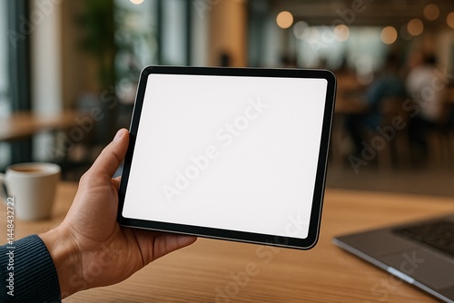 Modern coworking space showcasing a blank tablet for device mockup presentation in a collaborative environment. Ideal for showcasing innovative tech designs and productivity solutions.