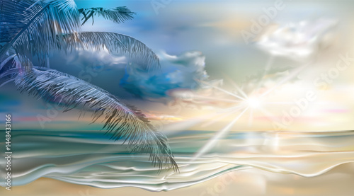 Sunset beach and palm foliages on a sky background. Vector illustration