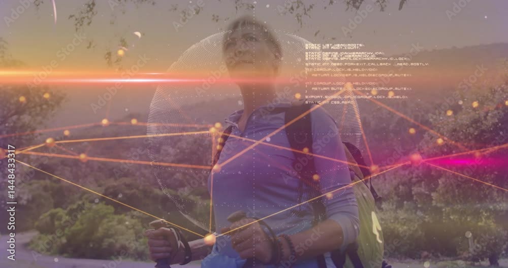 Mature female hiker navigating trail using neon lines, wireframe globe for tech marketing