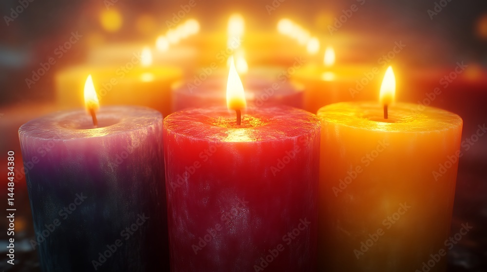 Burning Colorful Candles Providing Warmth and Light in a Dark Setting Burning Colorful Candles Providing Warmth and Light in a Dark Setting