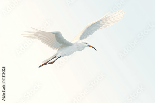 Minimalist illustration of a white bird in flight with wings fully spread, soaring through a pale sky, symbolizing freedom, peace, and elegance in a serene and clean artistic style