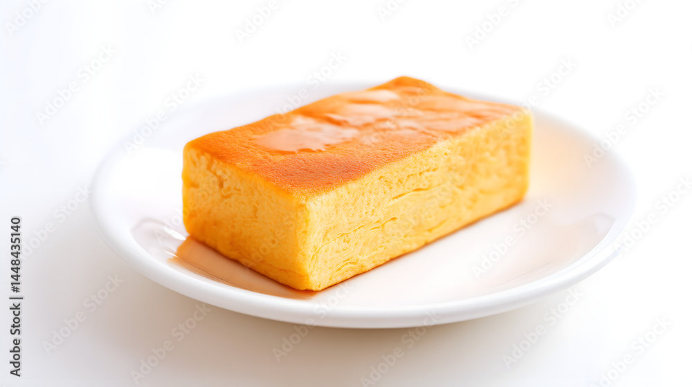 Single Rectangular Slice of Japanese Omelette Served on White Plate Against Soft Light Background Single Rectangular Slice of Japanese Omelette Served on White Plate Against Soft Light Background