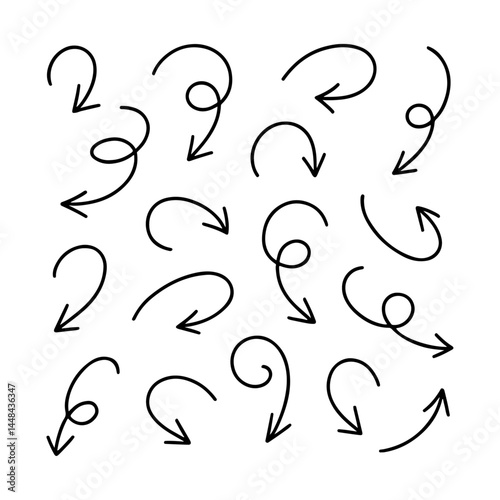 Handwritten curly arrows icon vector set