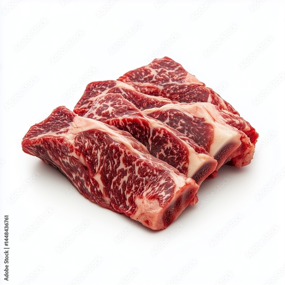 Fototapeta premium A close-up of fresh beef ribs on the bone, showcasing their rich marbling and vibrant red color, isolated against a clean white background