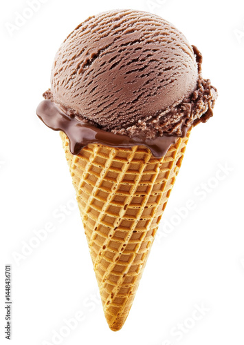 Chocolate ice cream cone on transparent background – rich brown scoop in crispy waffle, isolated PNG dessert for sweet menu, packaging or summer design