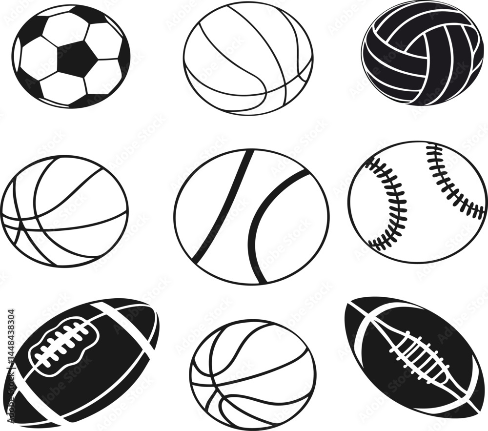 Sport balls set. ball equipment for football, basketball and volleyball. Isolated icons of ball for tennis and rugby, cricket and bowling. Vector in flat style. Collection silhouettes sports balls.