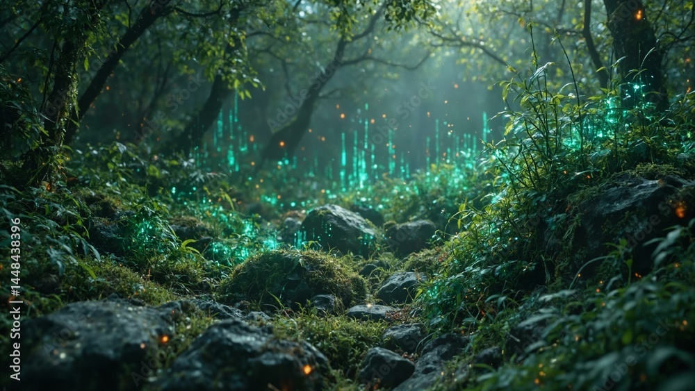 Glowing green and blue vines intertwine on dark stone, creating a futuristic rainforest scene. Glowing green and blue vines intertwine on dark stone, creating a futuristic rainforest scene.