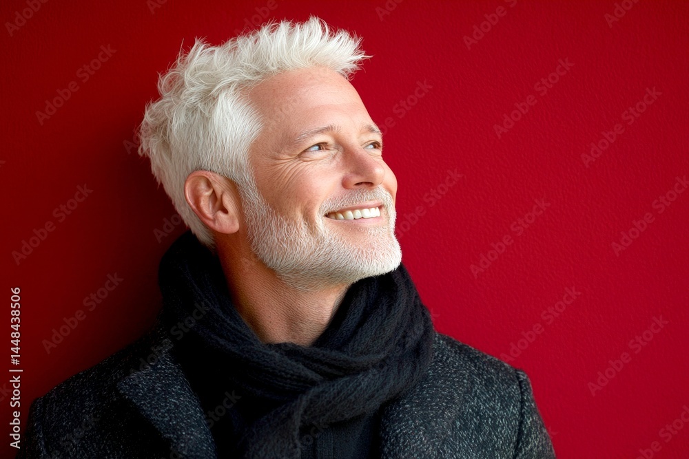 Red solid background. Pattern of style for aging men. Classy men's side part haircut - midlife white man with white hair. A confident and modern man embracing his look.