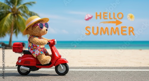 Teddy bear man on a red scooter at the beach road welcoming the summer season with bright text and umbrellas.