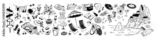Summer beach hand drawn icon set. Italian sea vacation doodle sketch drawing. Coastal print. Potted lemon tree, picnic food, champagne, martini, girly essentials. Amalfi coast vintage landscape