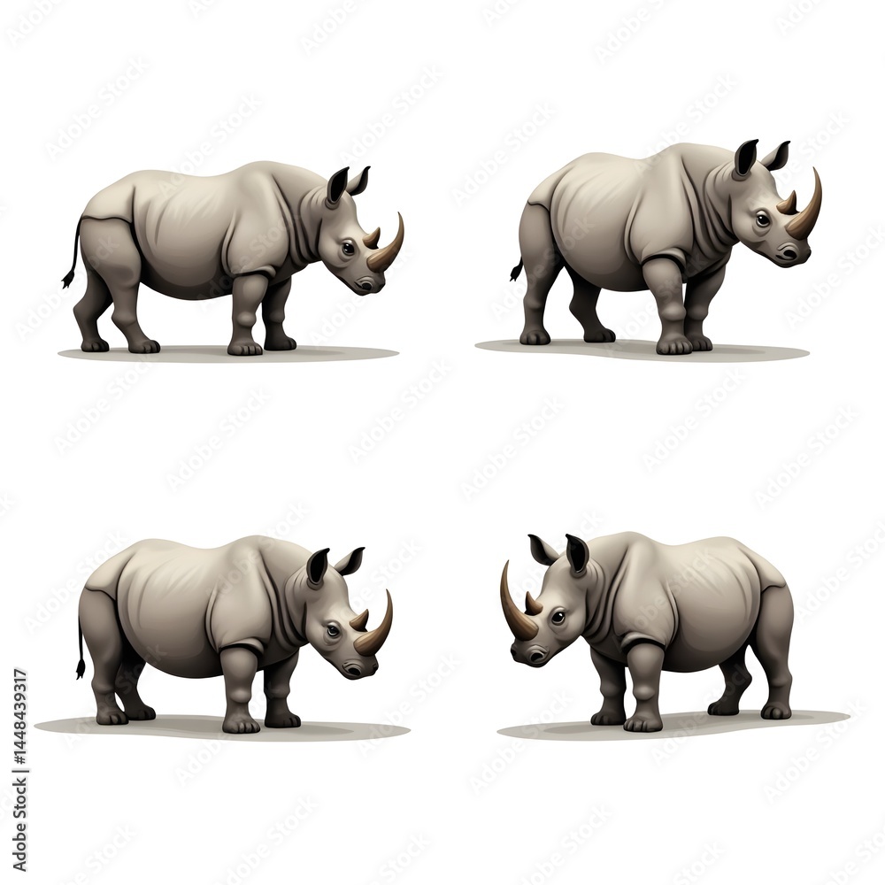 Obraz premium Set of Rhino Icon Endangered Mammal Africa Safari Wildlife Horn Animal Conservation Zoo Biology Science Environment Illustration