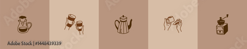 Set of square hand drawn cute line doodle coffee shop posters. French Parisian patisserie chalk crayon sketch background. Tea cup and saucer in the hands. Breakfast, brunch, lunch menu design