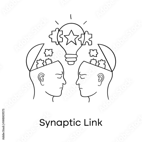 Vector icon for Synaptic Link. Line art of two heads facing each other with puzzle pieces and a lightbulb between them, symbolizing connected thinking and collaboration.