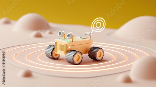 Cute Toy Robot on Moon Surface with Signal Waves