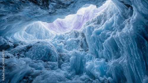 Fractured glacial ice reveals frost patterns; cavernous grotto bathed in violet light, cool blues & whites.