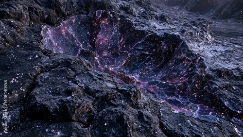 Basalt columns, quartz veins, stardust shimmer on a lunar-like landscape under twilight sky.
