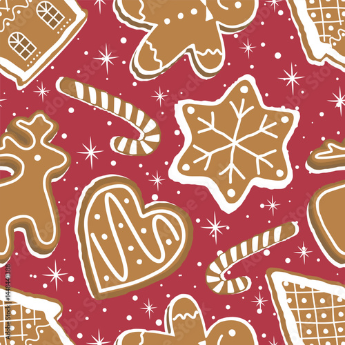 Christmas Cookies Pattern. Seamless Print with Gingerbread Cookies. Gingerbread House, Deer, Heart, Gingerbread Man, Star. Winter Background. Template. Vector illustration on Red Background