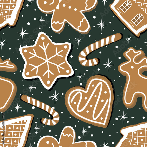 Christmas Cookies Pattern. Seamless Print with Gingerbread Cookies. Gingerbread House, Deer, Heart, Gingerbread Man, Star. Winter Background. Template. Vector illustration on Dark Green Background