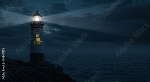 Steadfast Lighthouse: Be The Light - A single lighthouse stands tall against a dark, stormy sea, its beacon shining brightly. Symbolizing hope, guidance, resilience, strength, and unwavering faith photo