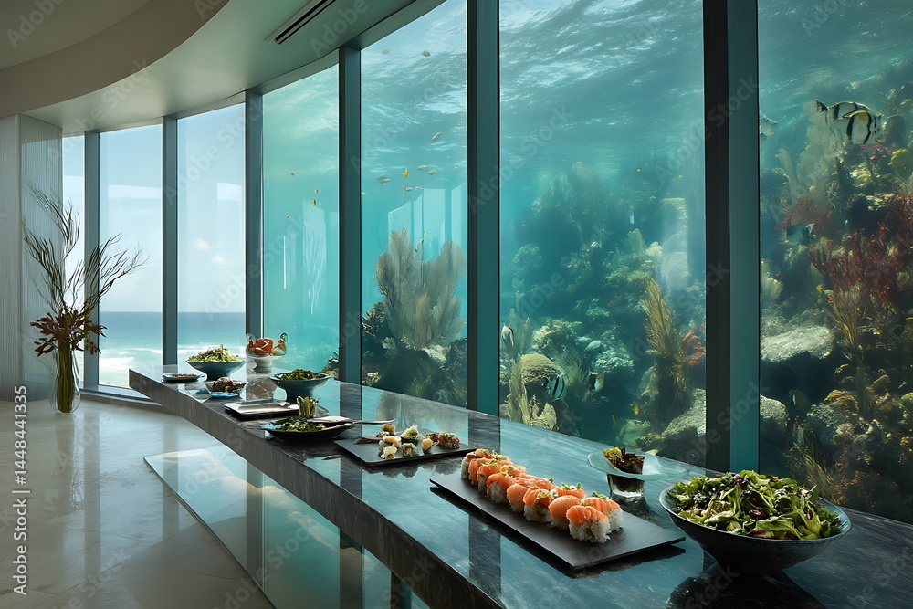 Fototapeta premium Underwater Restaurant Buffet: Luxurious oceanfront dining experience with fresh sushi