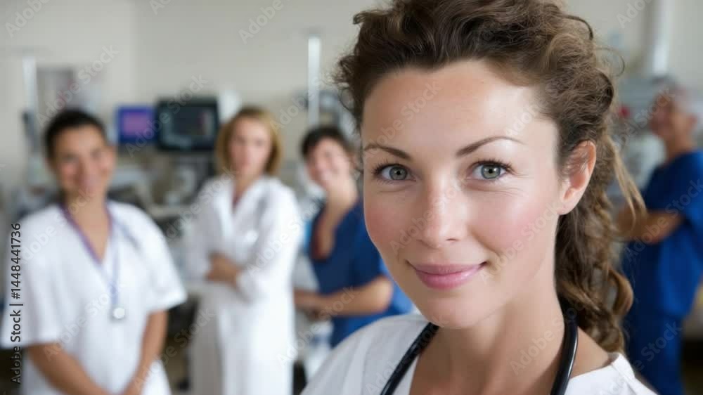 Medical Team Portrait: A close-up shot showcases a smiling, dedicated healthcare professional, standing confidently in front of their team within a modern medical facility.