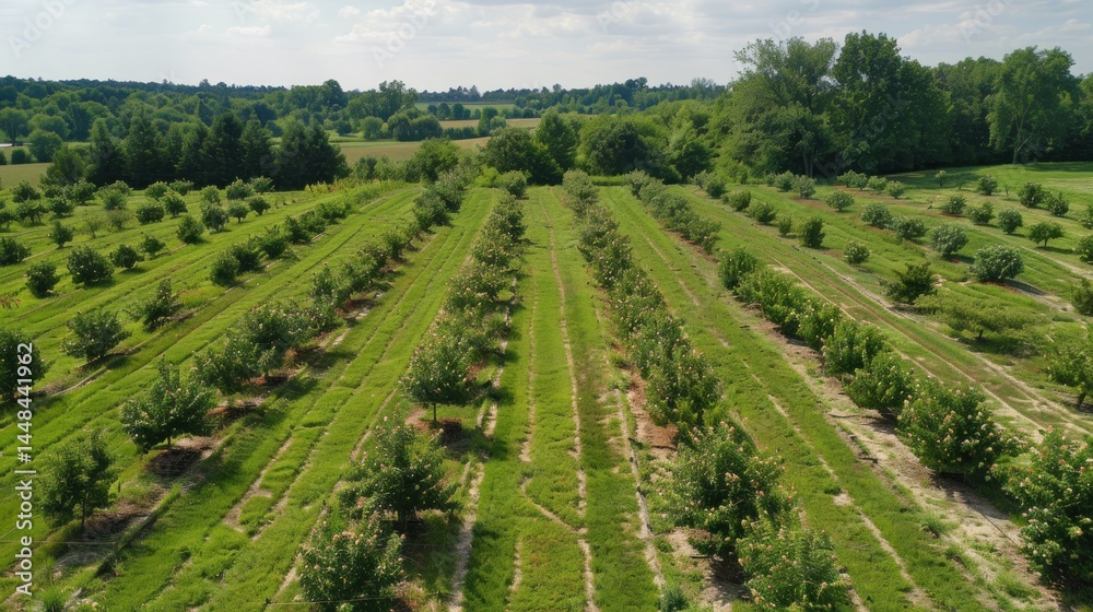 Fototapeta premium Aerial view of a well maintained fruit orchard rows of young trees growing